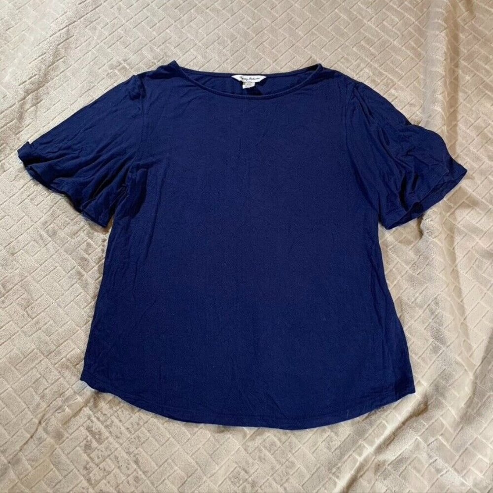 Tommy Bahama Womens Small T Shirt Blouse Blue Short Sleeve Boat Neck